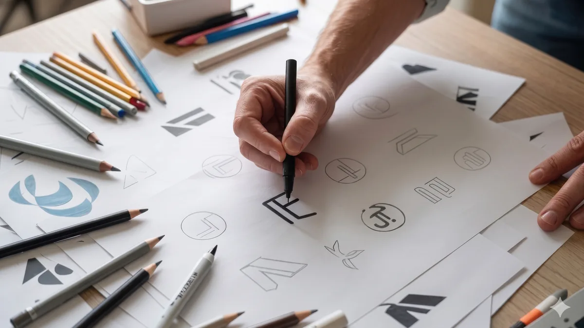 Branding editorial para universidades Diseñador bocetando a mano propuestas de logotipo sobre papel, rodeado de lápices y marcadores