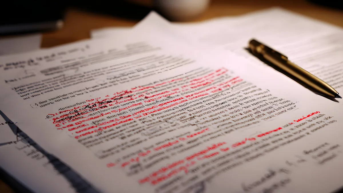 Manuscrito impreso con correcciones de edición en rojo y un bolígrafo dorado encima
