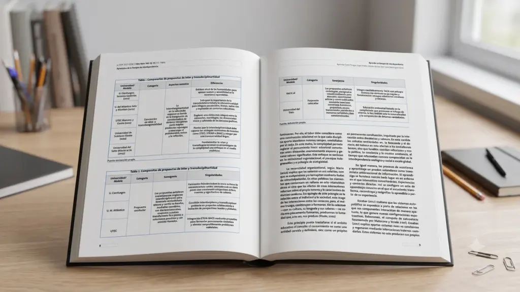 Libro académico abierto sobre un escritorio, con tablas y texto a dos columnas diagramados