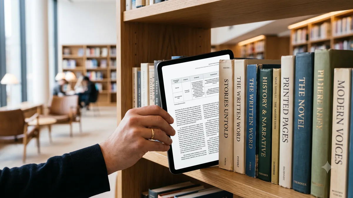 Diseño editorial en 2026 Mano tomando una tablet con un artículo académico de un estante lleno de libros en una biblioteca